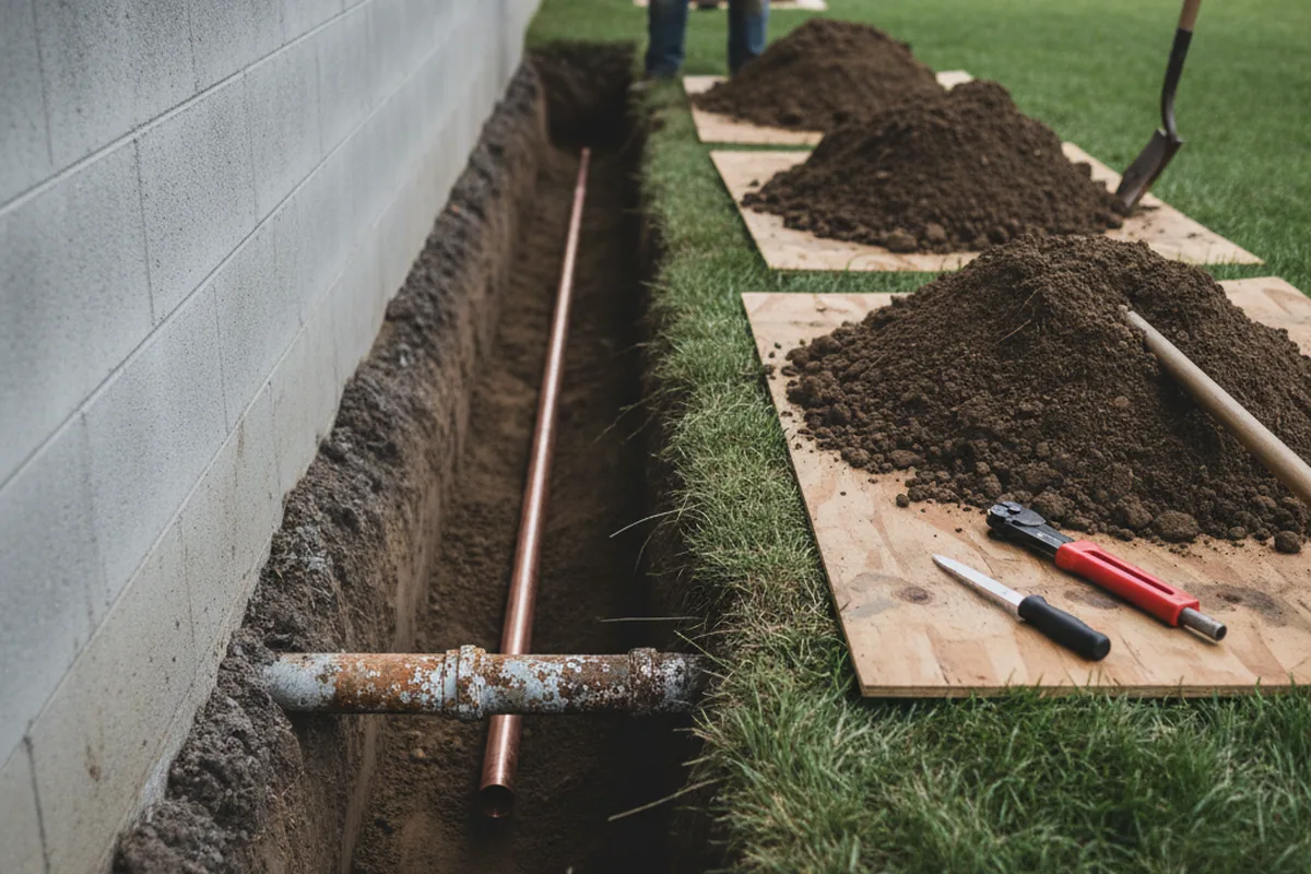 Excavated water line trench during Water Softener Installation in Koloa
